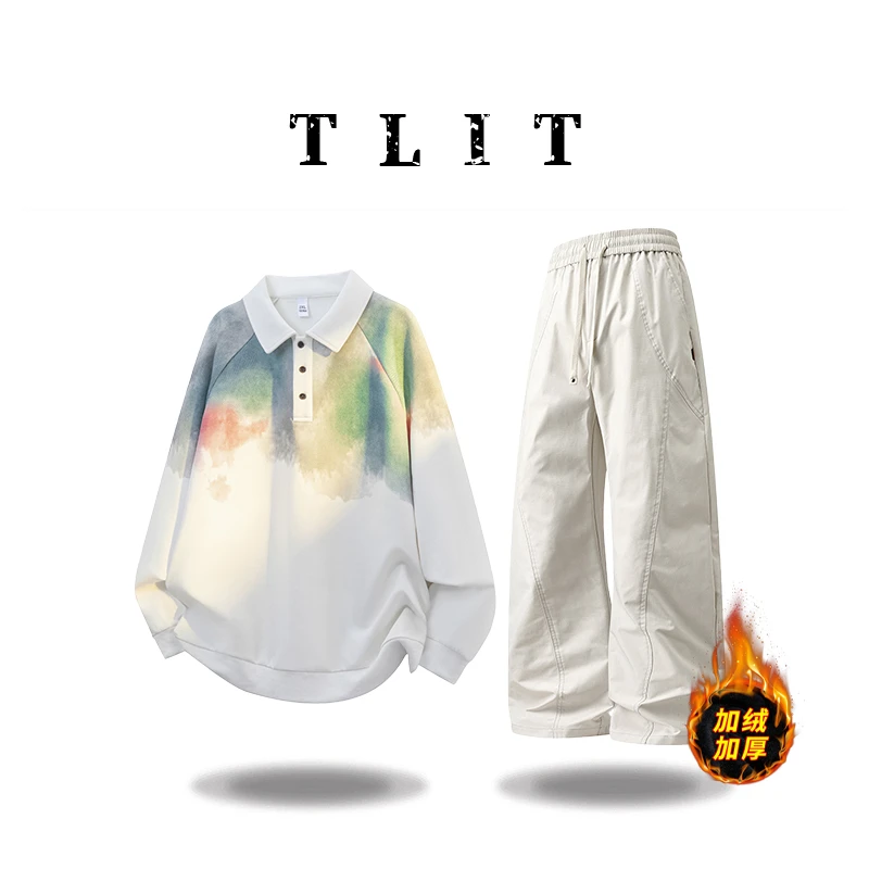 【品牌现货】TLIT扎染翻领长袖Polo衫男款秋冬季新款潮流加绒卫衣