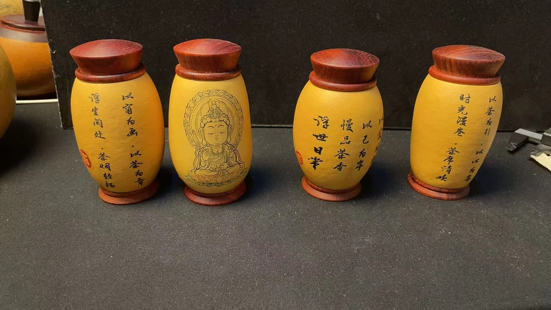 天然文玩葫芦手把茶叶罐  旅行盘玩手工墨刻  檀木螺纹口盖