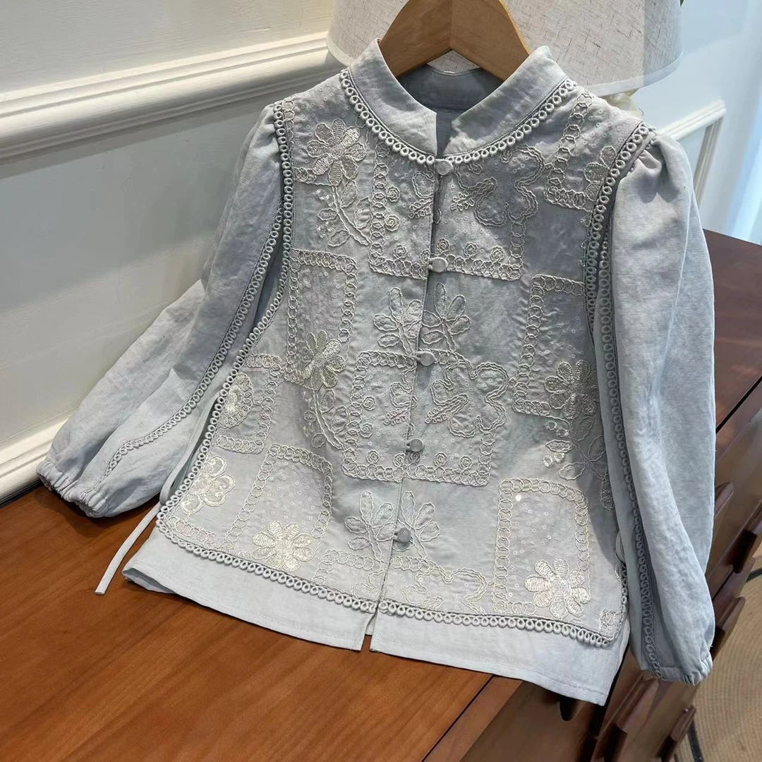 【喜儿定制】春季新款外穿时尚蓝色衬衫打底新国风百搭女童儿童