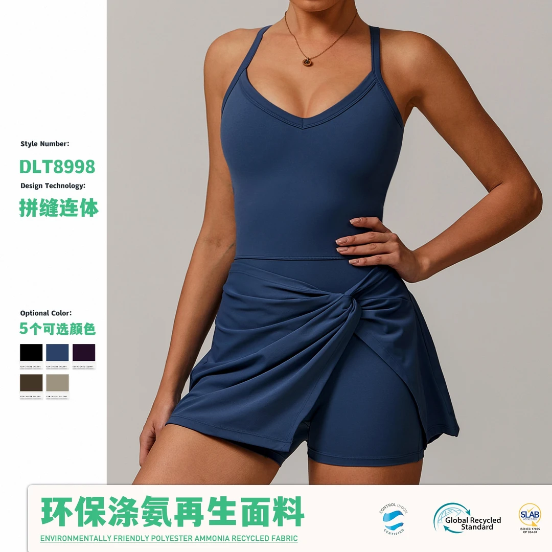 环保再生连衣裙防走光扭结设计裙摆交叉镂空性感美背网球裙8998