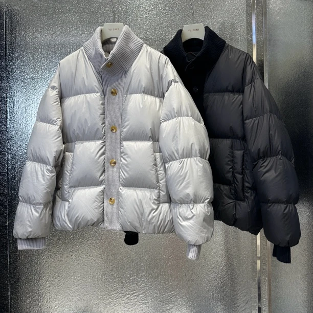 2025新款针织拼接立领羽绒服男冬季新款韩版宽松白鸭绒面包服短潮