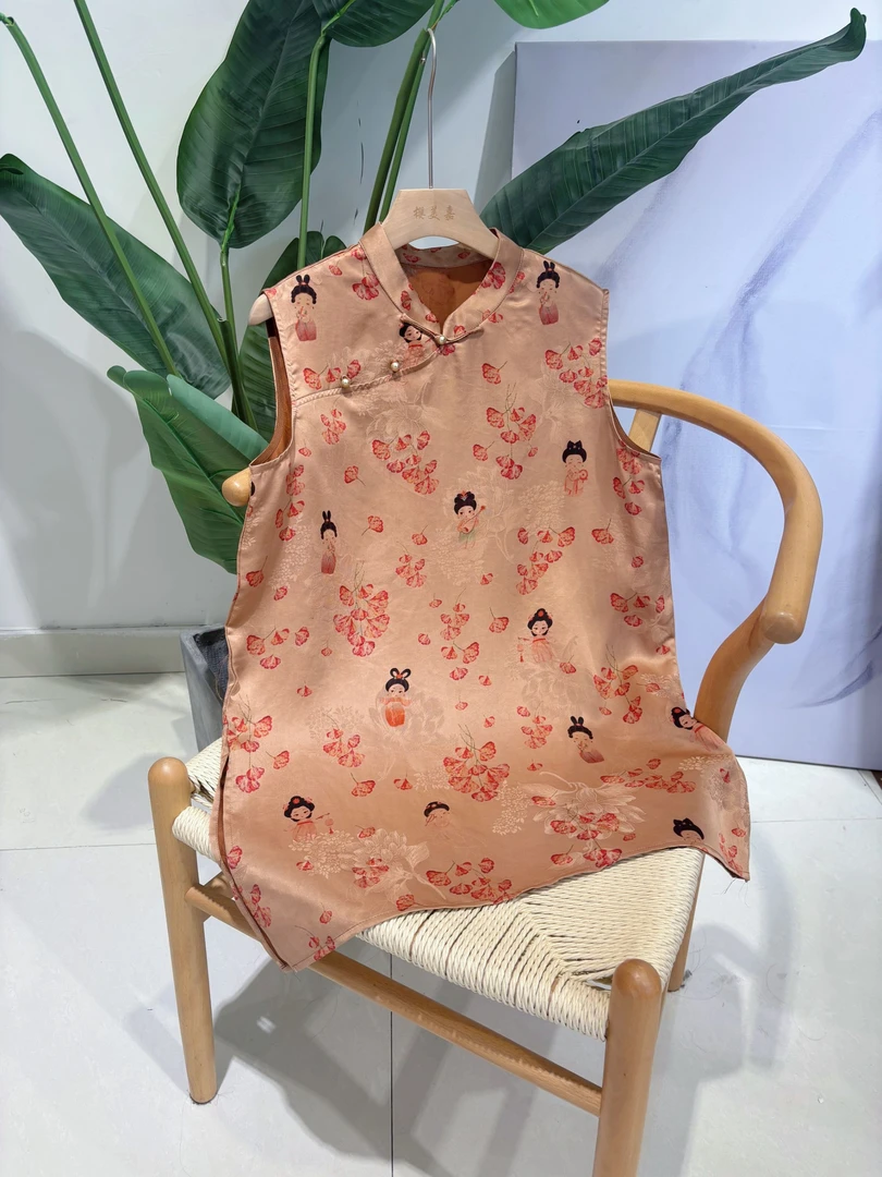 DY2883樱美嘉100桑蚕丝夏季新款新中式叠穿奥黛立领粉色小唐人