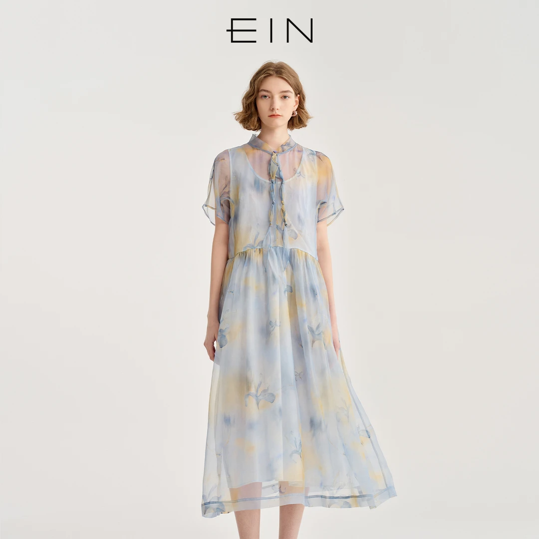 EIN/言商场同款浅春系文艺度假风真丝晕染印花飘带连衣裙2025年夏