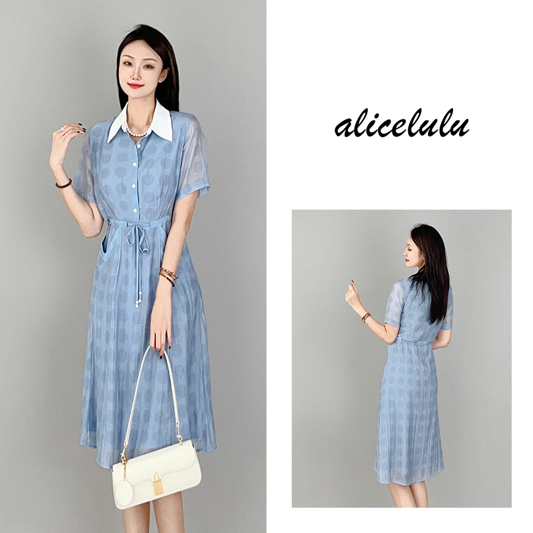 2【ALICE“冰河蓝”连衣裙】暗纹波点清雅柔滑H1033571J