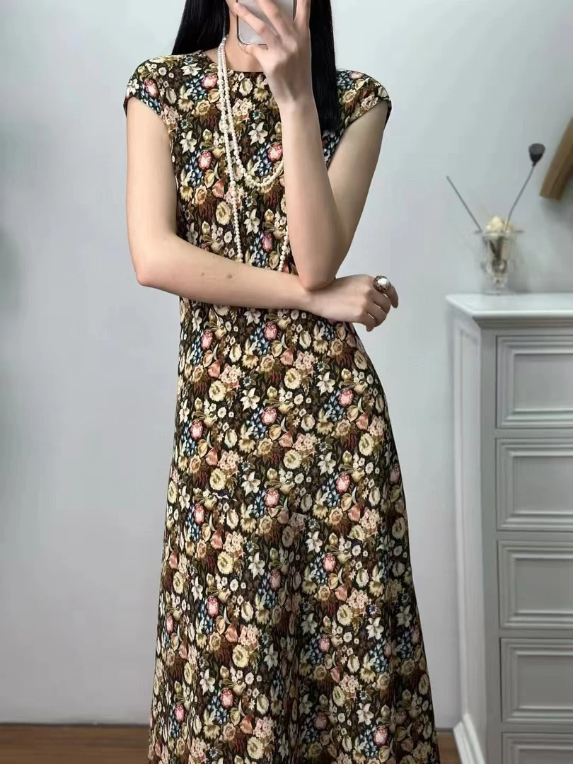 清库法式碎花重磅真丝连衣裙