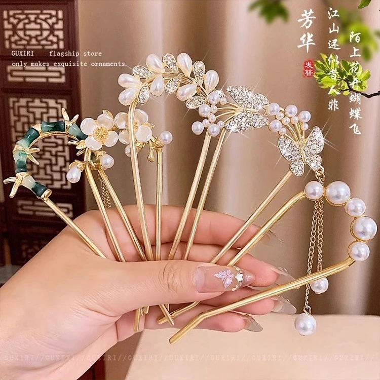 U型发簪蝴蝶流苏发钗高级感古风盘发器簪子步摇珍珠发钗子旗袍形