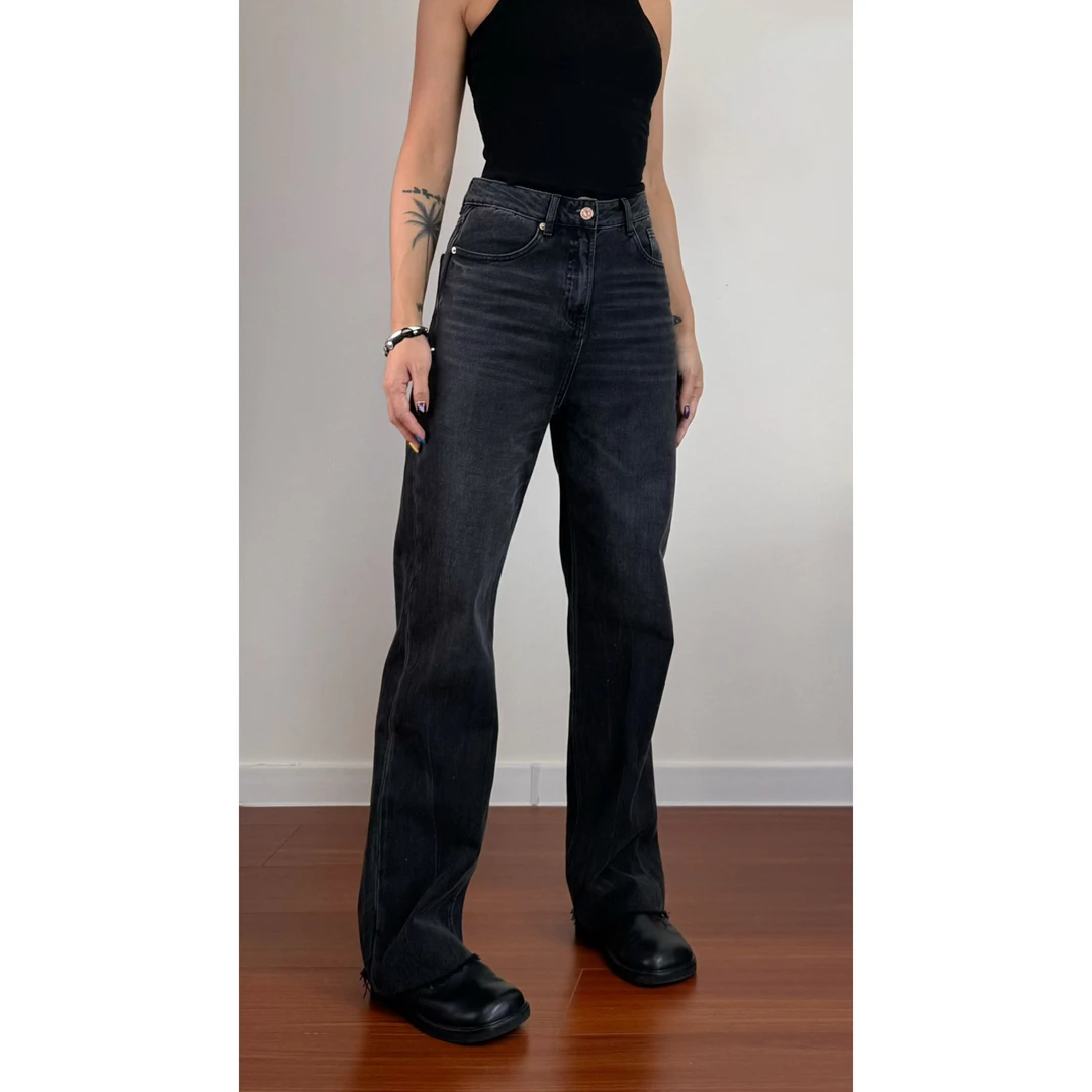 【福利款】鸡爪纹黑色直筒高腰水洗复古百搭女款牛仔裤阔腿85776