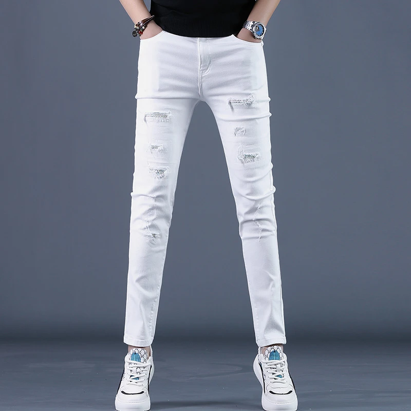 2025新款夏季白色烫钻破洞九分牛仔裤男修身小脚休闲男士9分裤子