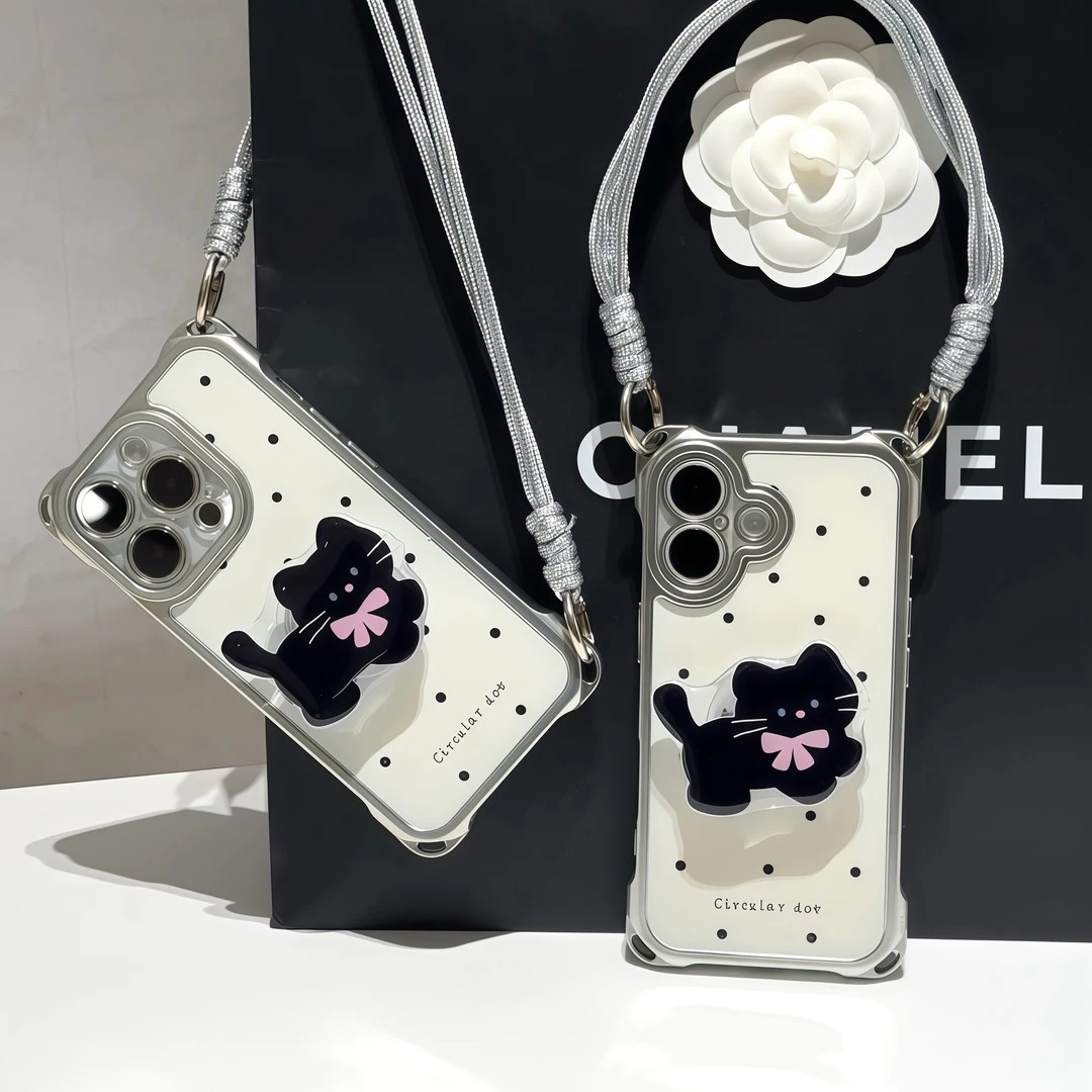 适用黑猫支架挂绳苹果16promax手机壳华为p70vivoppo小米15软套