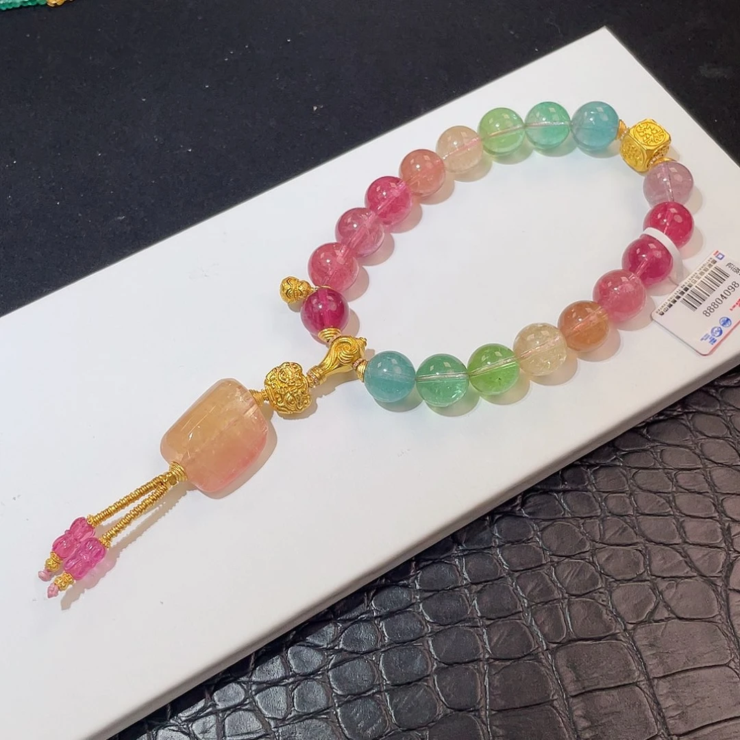 碧玺手链18K金镶嵌 人鱼色11+mm 手持