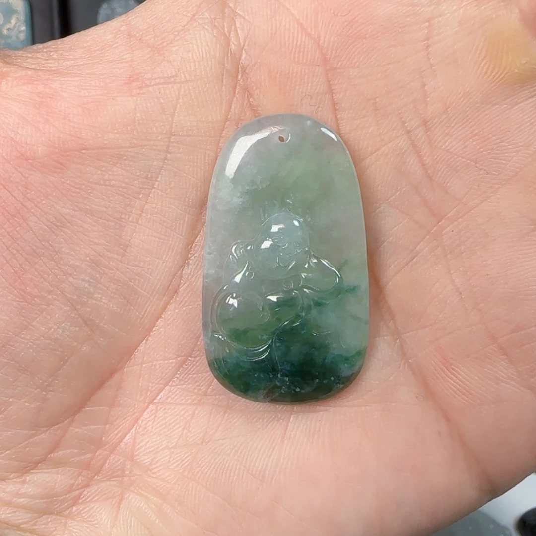 翡翠未镶嵌颈饰蓝花笑口弥勒佛
