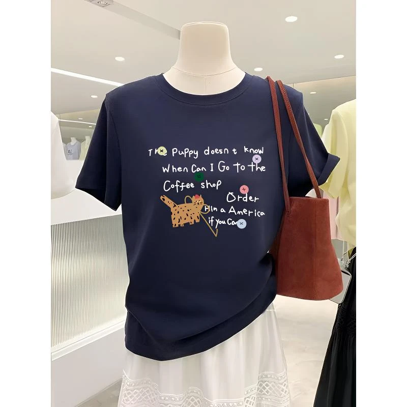 高级感藏青色洋气短袖T恤女2025年夏季爆款韩版显瘦时尚百搭上衣