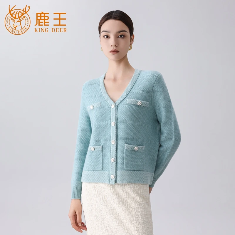 【设计师款】鹿王女V领100山羊绒时尚休闲小香风开衫 加厚 K0064