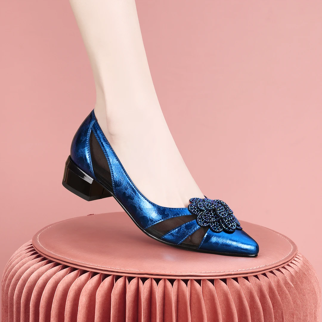 梵芮诗花朵网纱镂空2025春夏季浅口尖头粗跟低跟女软底单鞋-J1310