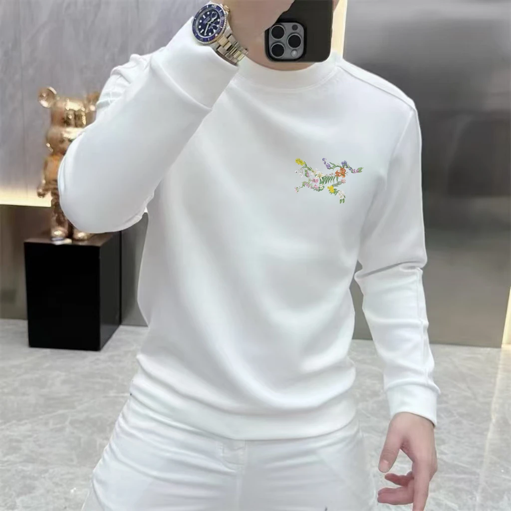 秋冬圆领男士印花黑白色修身加绒卫衣网红长袖加绒打底衫