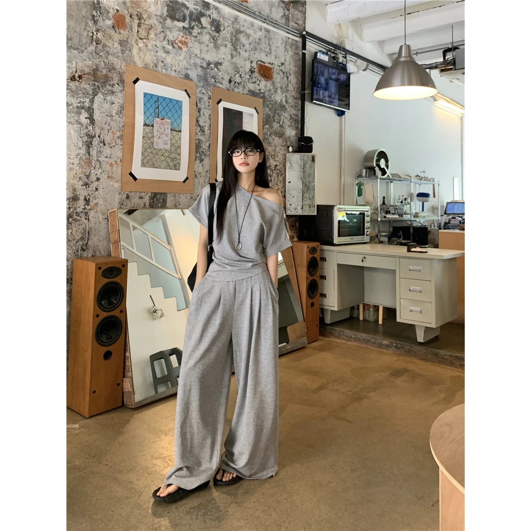 2025夏季新款韩系慵懒风斜肩短袖T恤上衣阔腿休闲裤女两件套chic