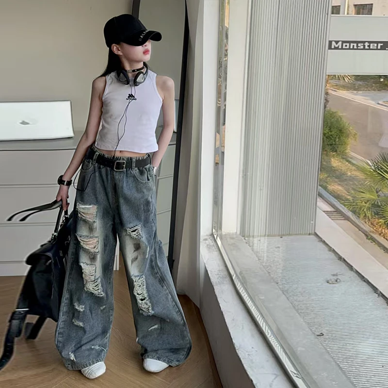 女童牛仔裤美式复古破洞设计感乞丐裤夏季儿童高腰直筒阔腿长裤子