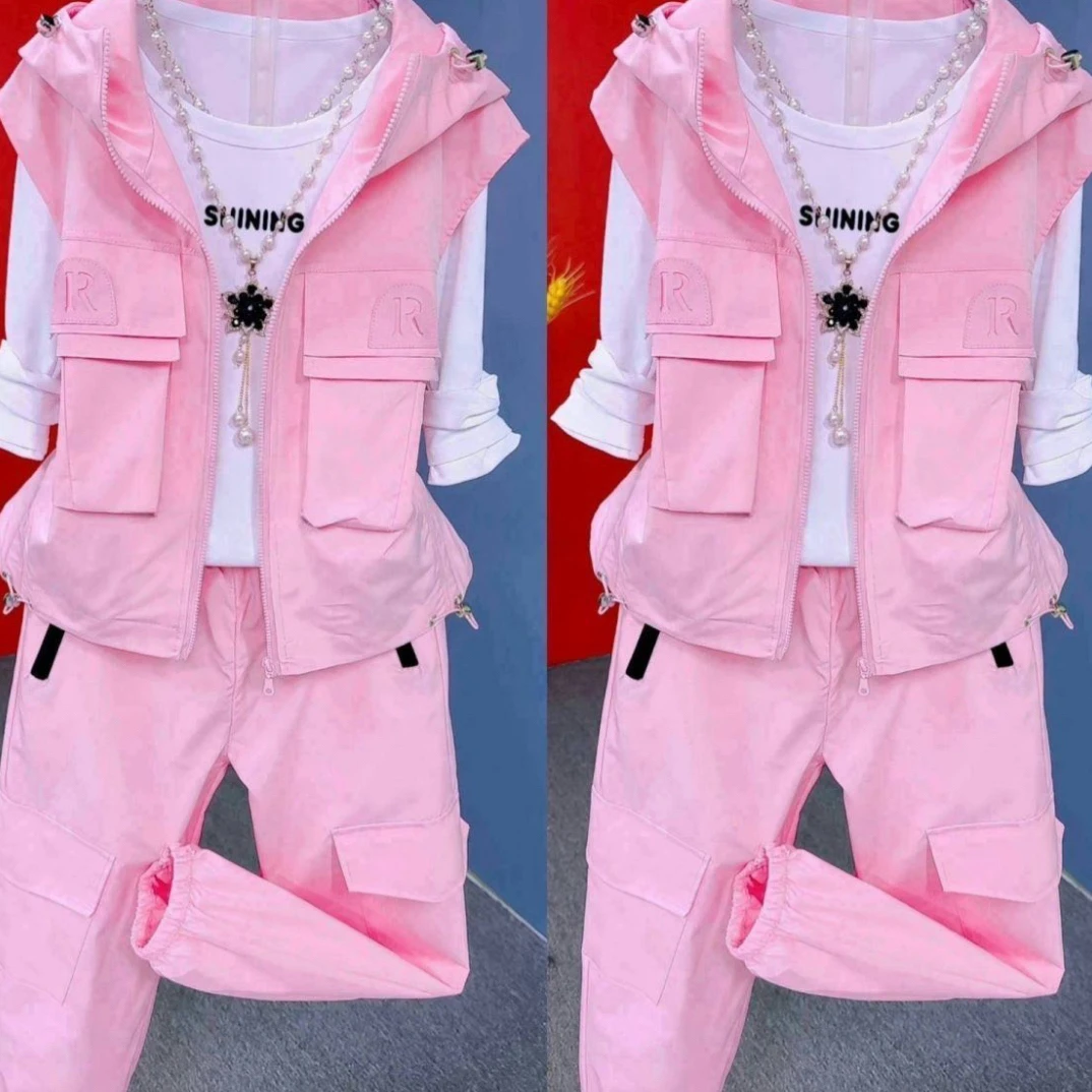 新款时尚连帽背心长袖内搭衣与裤子自由搭配春夏套装