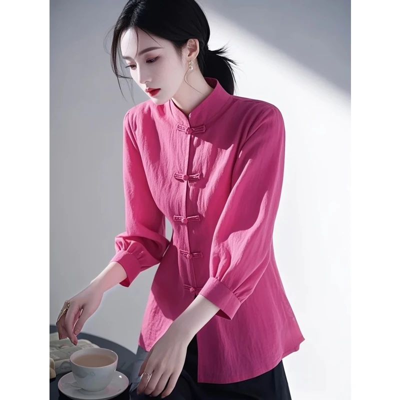 新中式国风上衣2025春装新款欧若风高级感独特漂亮玫红色亚麻衬衫