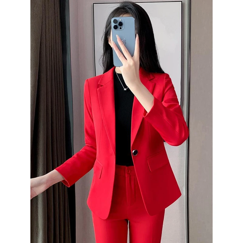 红色西装套装女职业正装秋冬季2023新款气质主持人工作服西服外套