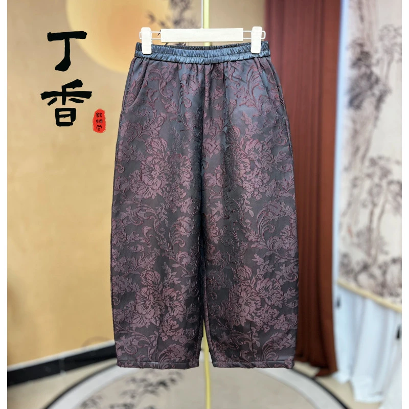 057高端高腰重磅透气提花时尚百搭宽松收口裤子女