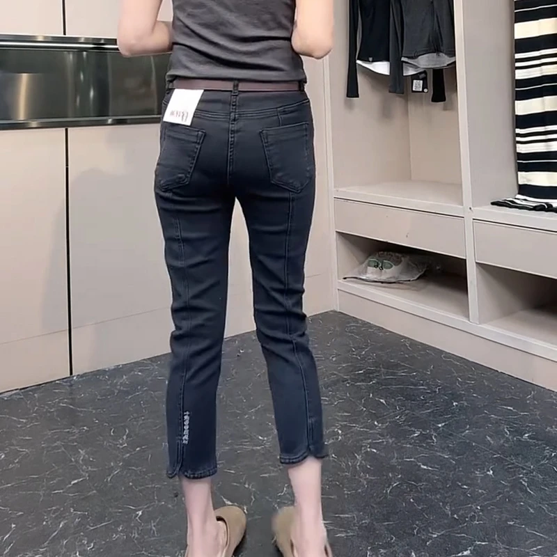 黑色直筒牛仔裤女春秋新款大码胖mm高腰弹力显瘦小个子九分烟管裤