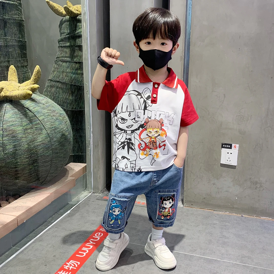 哪吒衣服2025新款男童夏款套装儿童夏装时髦酷帅气宝宝短袖polo衫