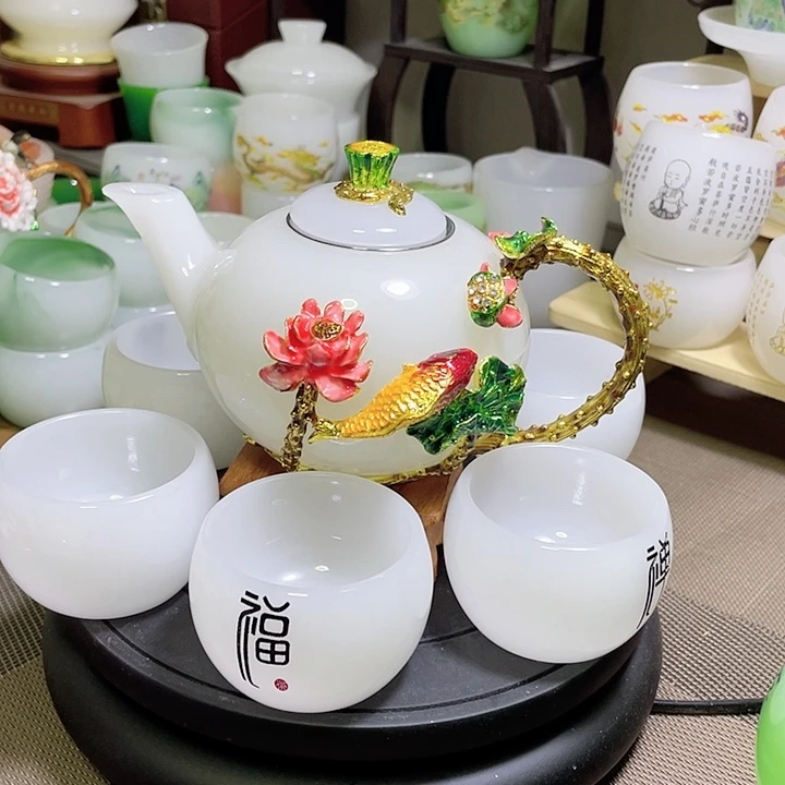 琉璃中式珐琅彩年年有余一壶六杯礼盒套装