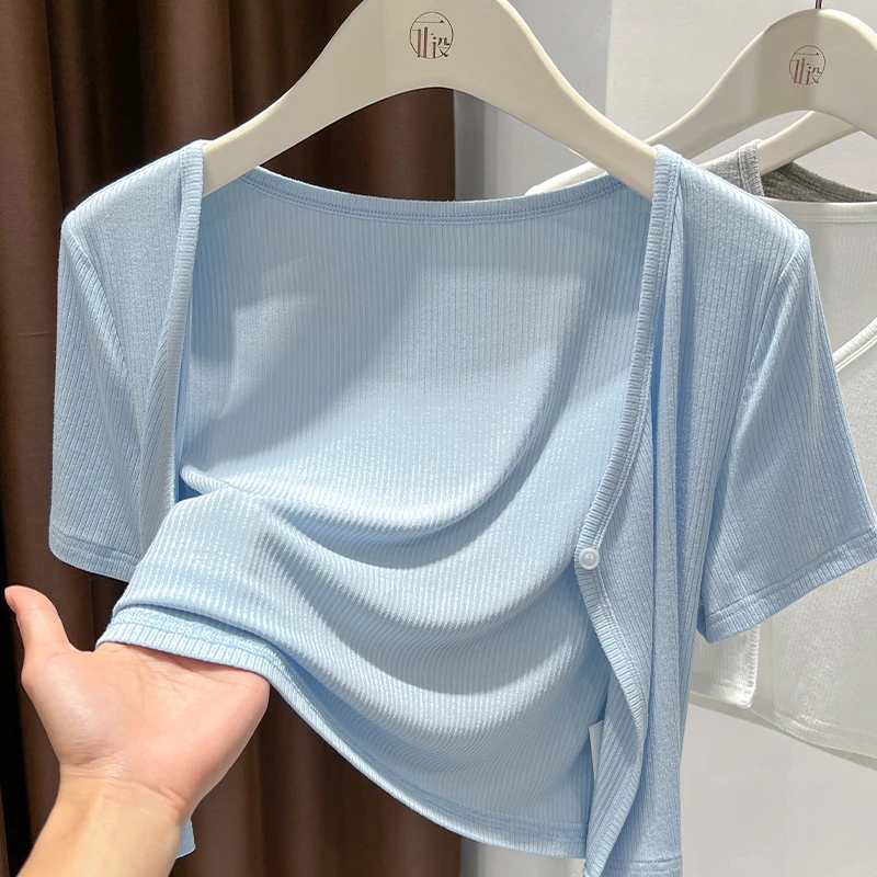 蓝色针织开衫短款吊带裙外搭坎肩小外套夏季女短袖洋气上衣空调衫