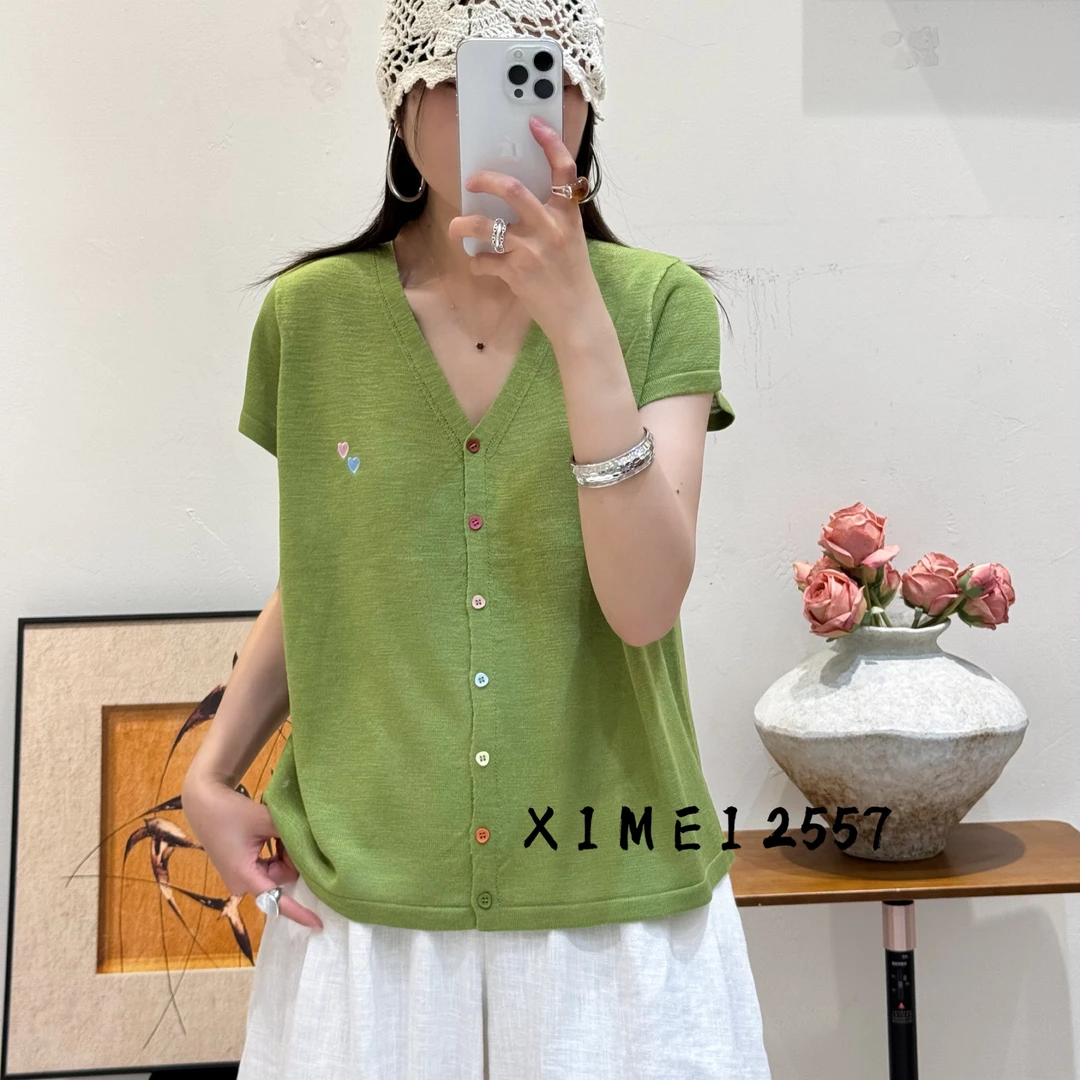 休闲百搭气质宽松毛针织衫短袖V领常规款女装薄款简约显瘦