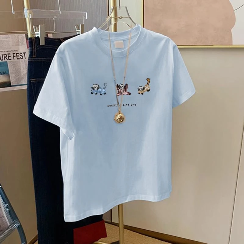 今年夏季新款蓝色短袖t恤女宽松百搭小个子卡通印花体恤减龄上衣