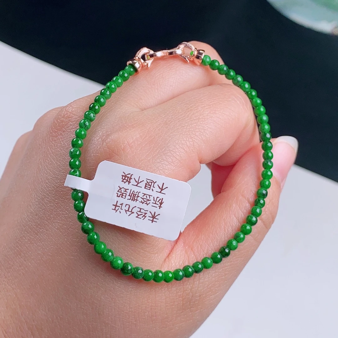 缅甸天然翡翠A货阳绿小米珠时尚百搭冰透吸睛手串菠菜绿花青料卡3