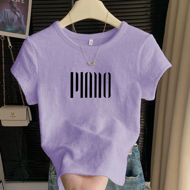 竹节棉短款2025夏季薄款设计感圆领T恤女小个子印花百搭半袖上衣