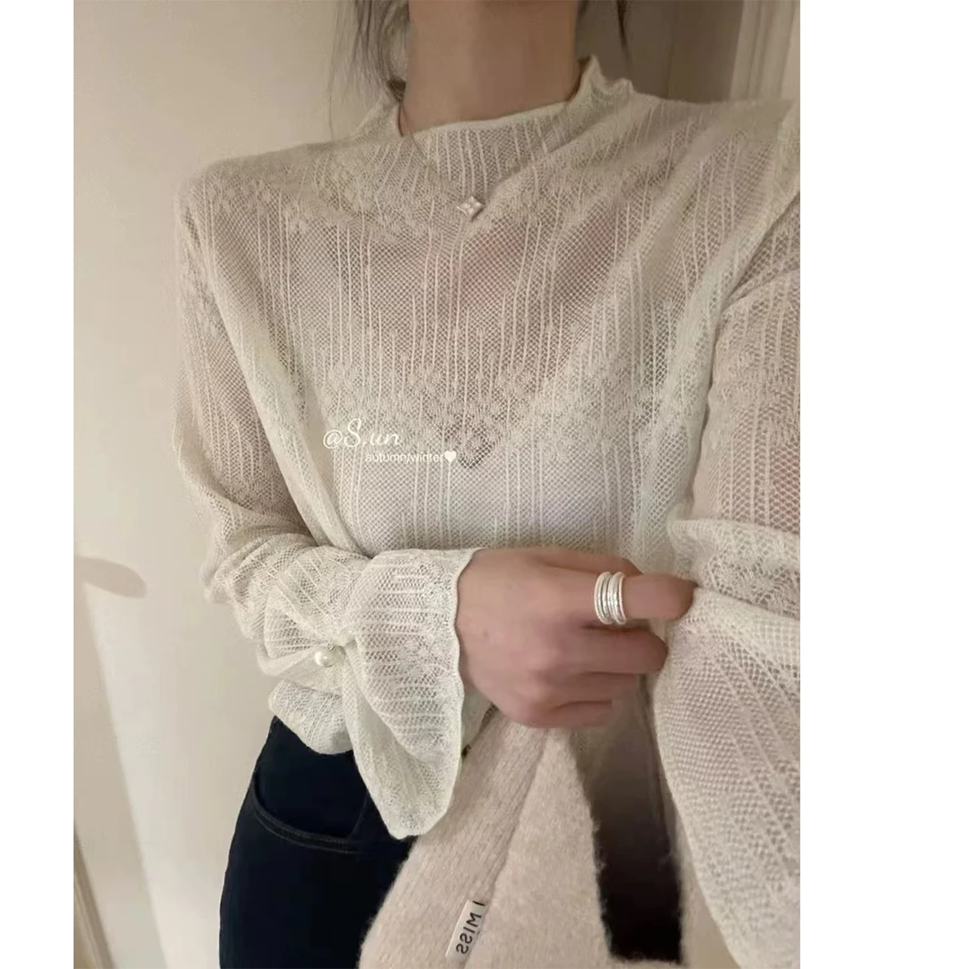 【来自星星的你】时尚休闲慵懒风蕾丝半高领镂空长袖针织衫-689