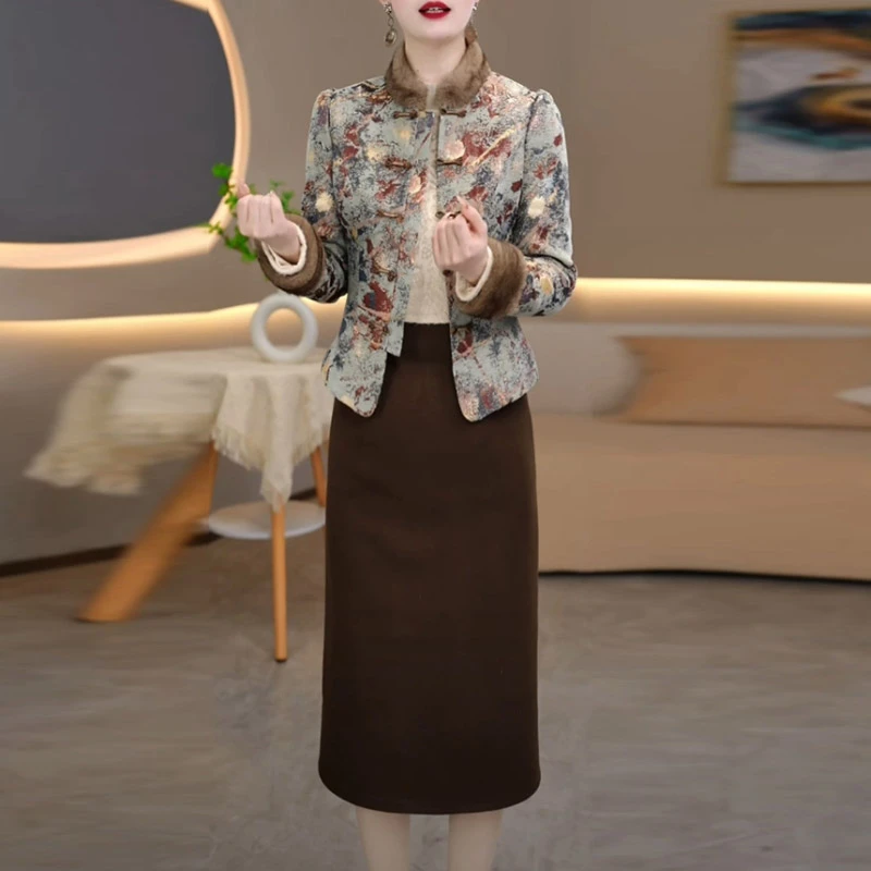 奥地绒夹棉加厚保暖国风套装裙2025冬季新款新中式两件套连衣裙子