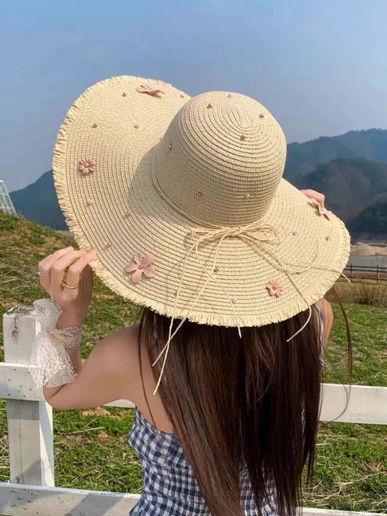 花朵蝴蝶结草帽女夏季海边沙滩度假法式大帽檐遮阳防晒帽太阳帽子