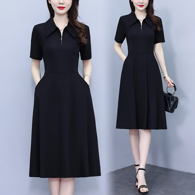 新款黑色翻领夏季短袖贵夫人妈妈遮肚修身显瘦气质中长款连衣裙