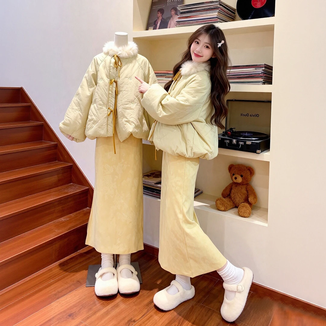 2026超火穿搭一整套冬装新中式毛毛领棉服外套旗袍连衣裙两件套女