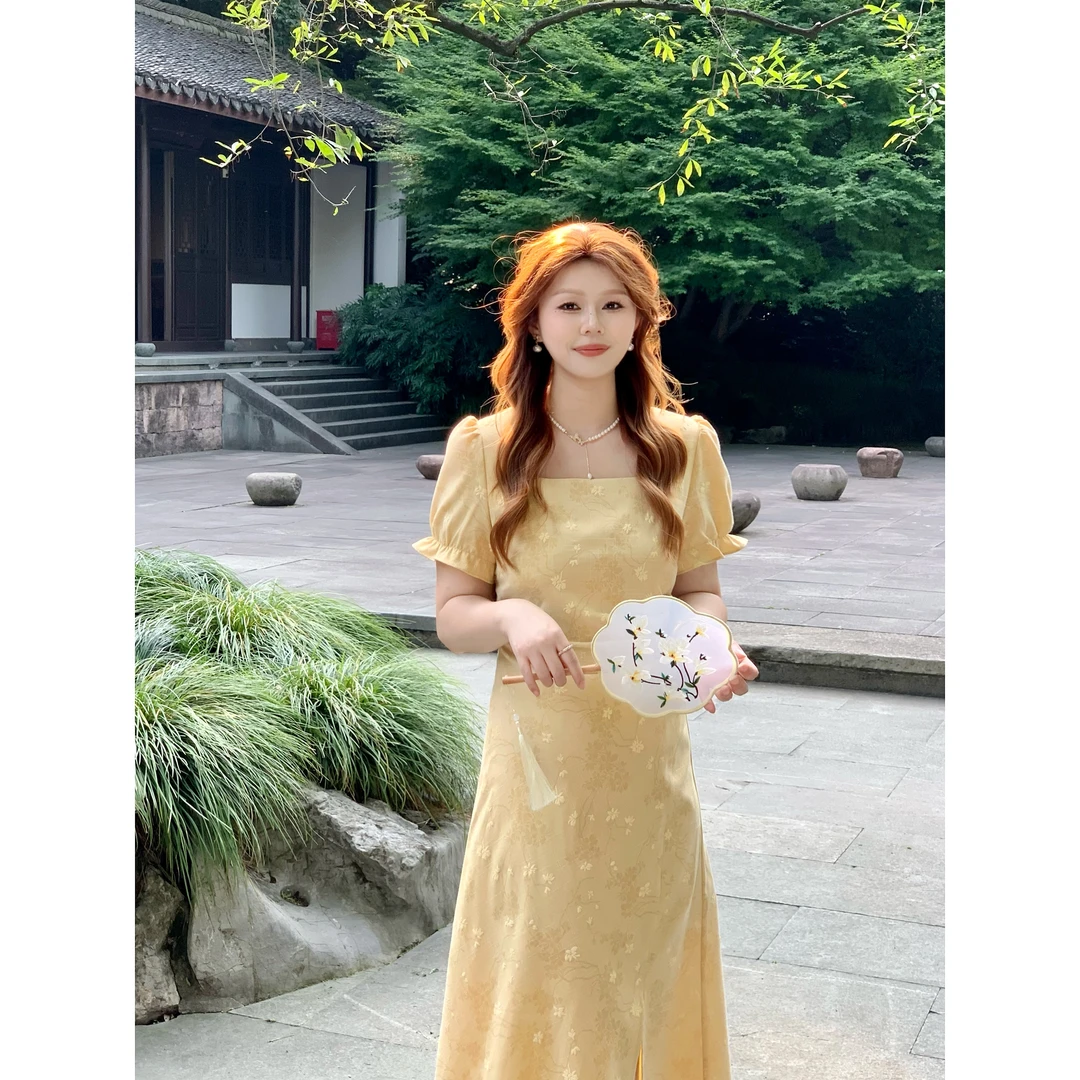 楠序樱桃微胖女装2025夏季国风新中式显瘦气质印花连衣裙DD10314