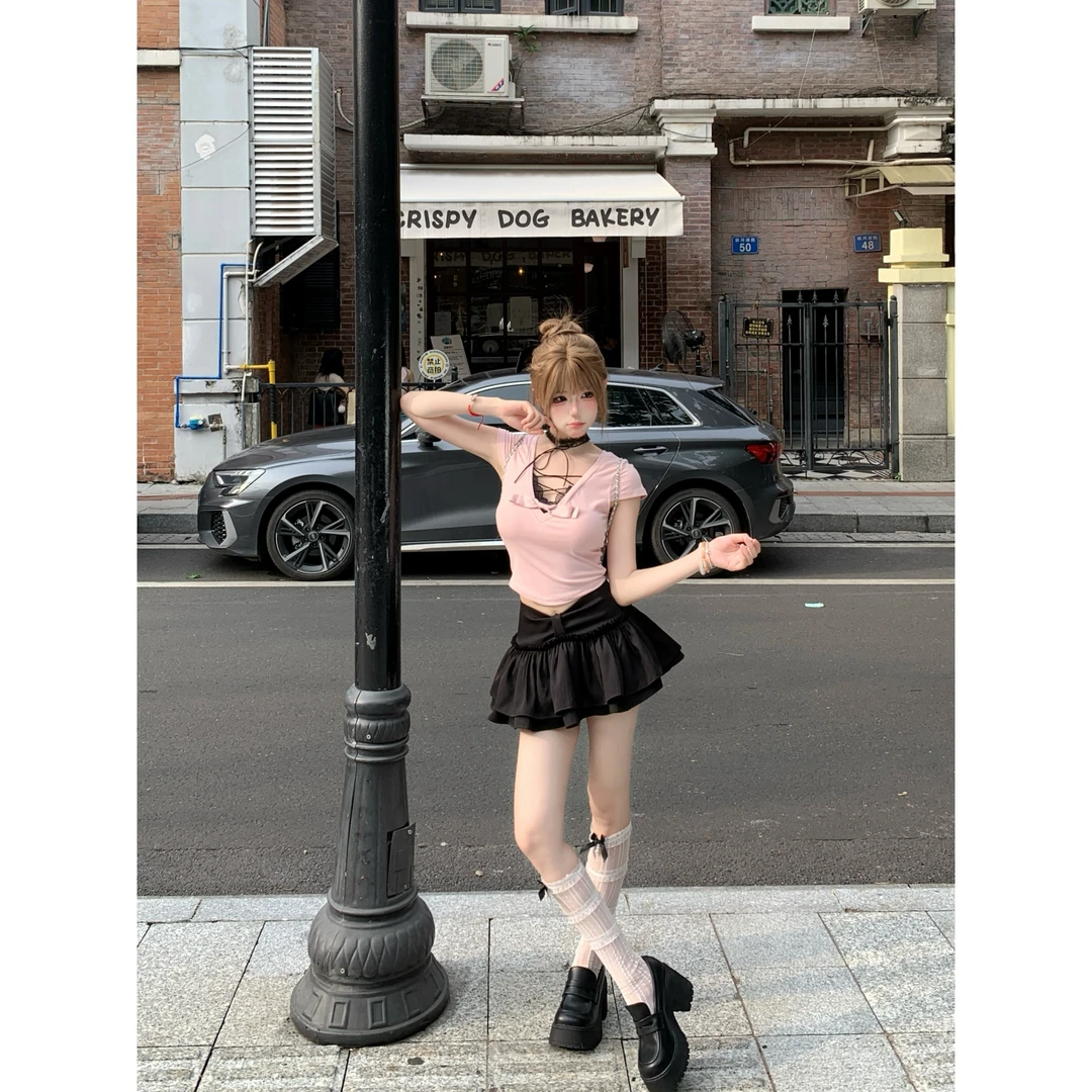 法式甜美少女蝴蝶结上衣纯欲修身芭蕾风辣妹百褶裙子套装