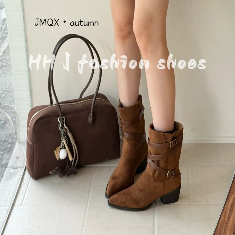 复古皮带扣短靴女2025冬季新款粗跟美拉德马丁靴休闲百搭瘦瘦靴潮