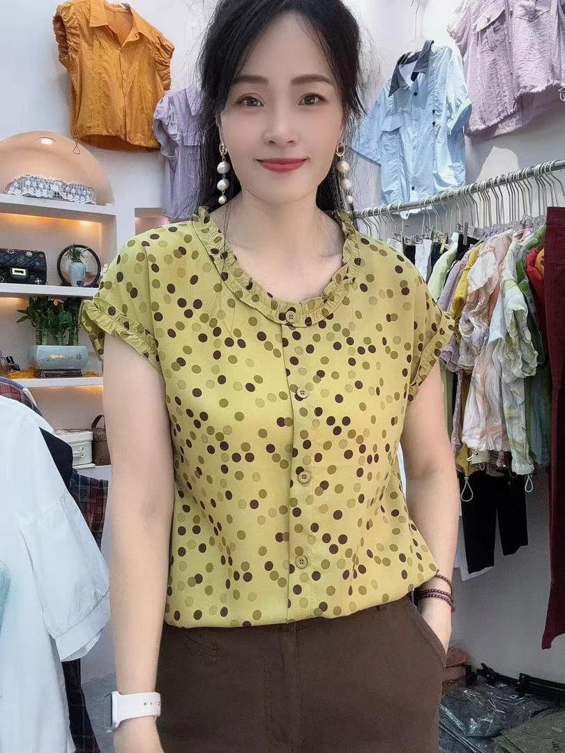 【秀家】夏季新款小波点短袖套头圆领衣角抽绳调节松紧951
