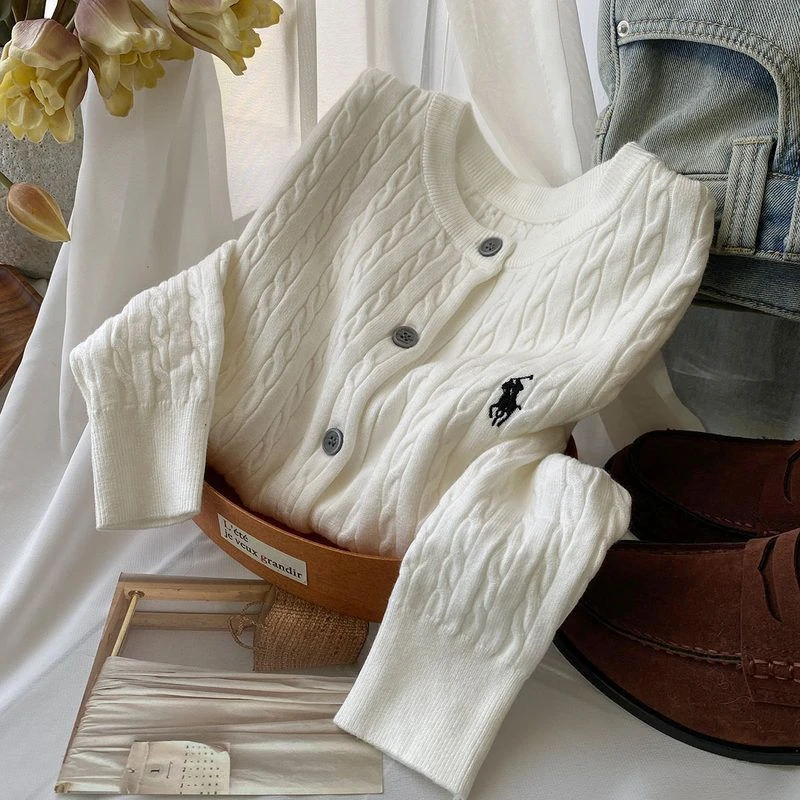 赵露思同款纯色刺绣麻花圆领针织衫毛衣女2024春季单排扣外套上