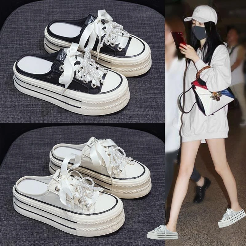 包头半拖鞋女夏季外穿2025新款网面透气厚底增高蝴蝶结懒人小白鞋