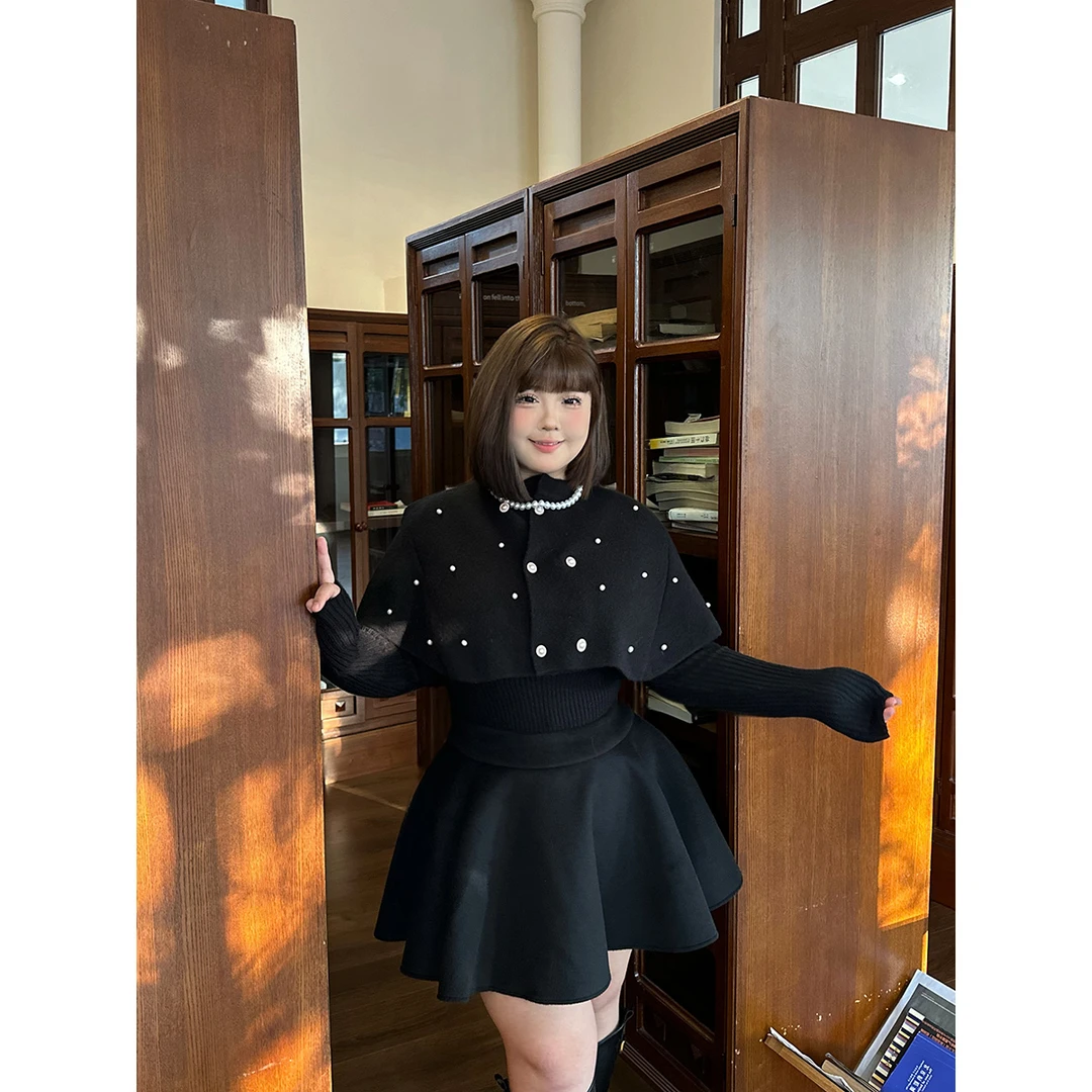 雪雪 【财阀千金】大码高级感套装黑色长袖毛衣斗篷秋季收腰半身裙