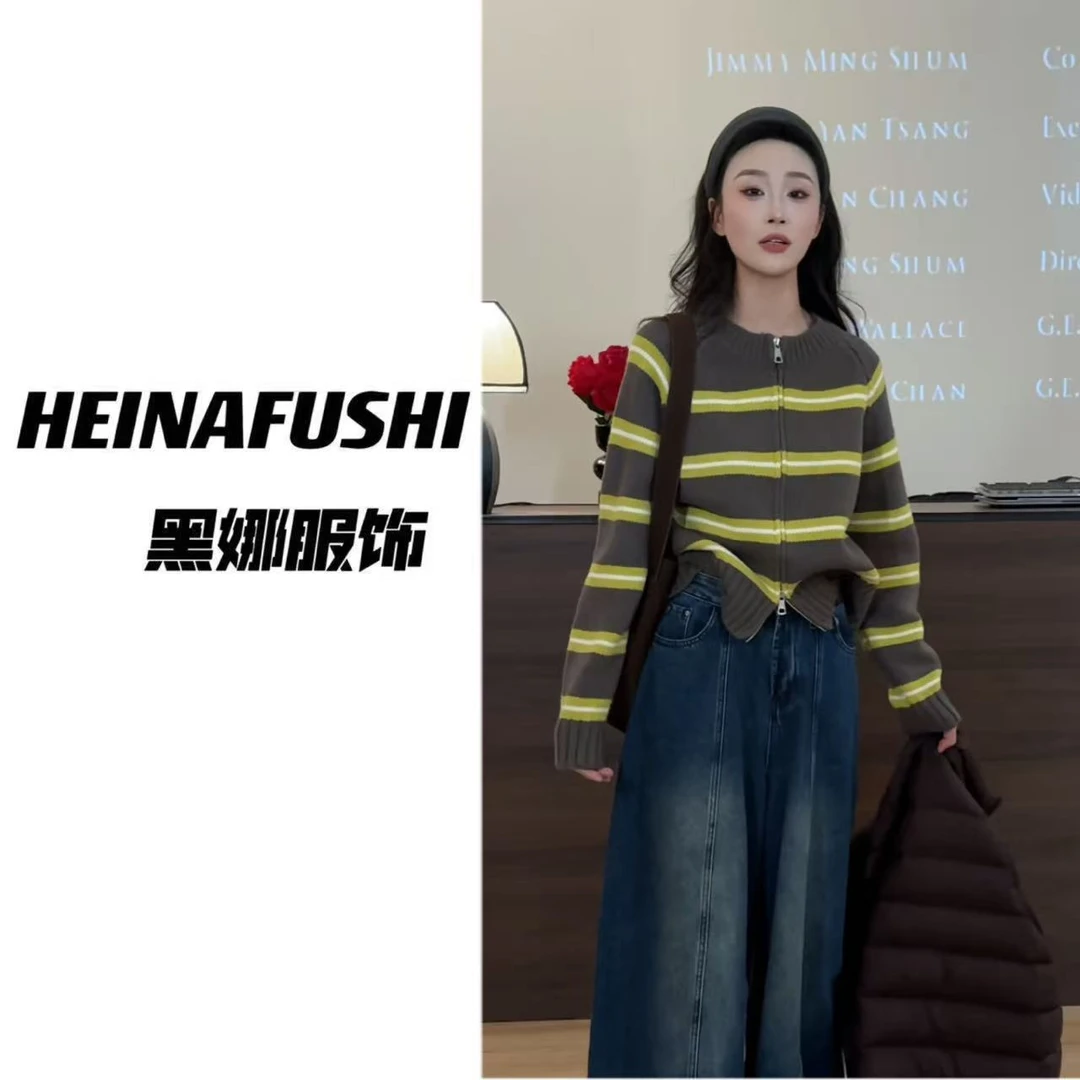 HEINA复古条纹双拉链毛衣开衫2598 x