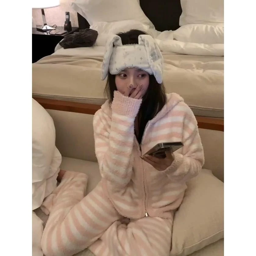 【粉白条纹】甜美少女针织睡衣秋冬款女加厚半边绒家居服连帽套装