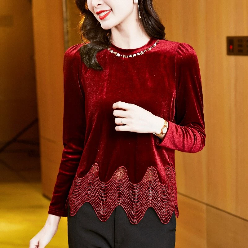 慵懒风上衣金丝绒钉珠长袖t恤女时尚气质女装百搭洋气早秋季圆领