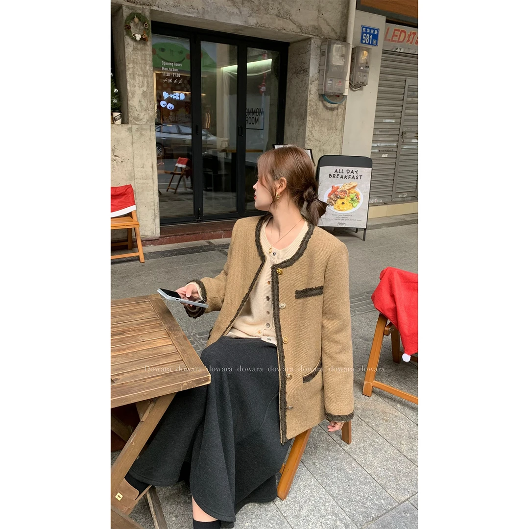 大婉酱微胖定制韩系绵羊毛小香风外套新款宽松圆领上衣 7349D