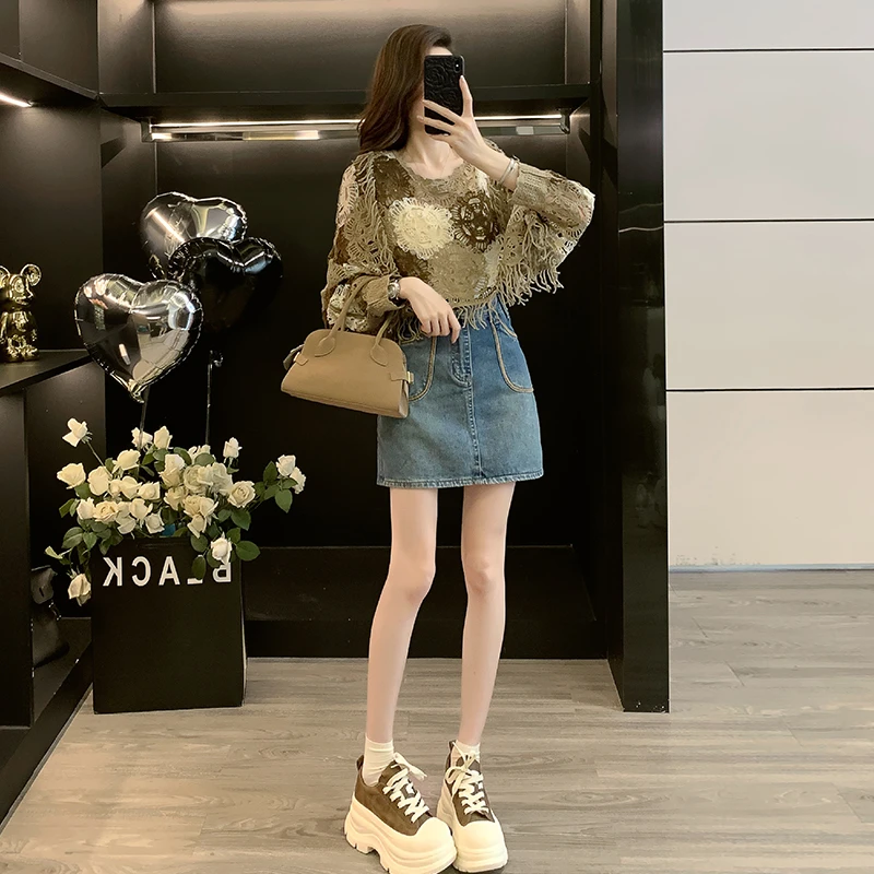 小个子洋气时尚套装网红炸街设计感针织上衣高腰牛仔短裙两件套潮